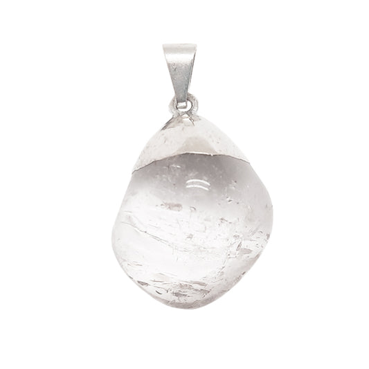 Clear Quartz Tumbled Stone Silver Dipped Pendant